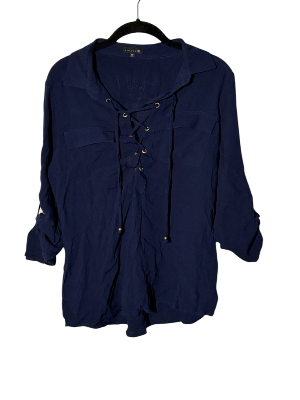 Cirana Size XS Lace Up Quarter Sleeve Top Navy Blue